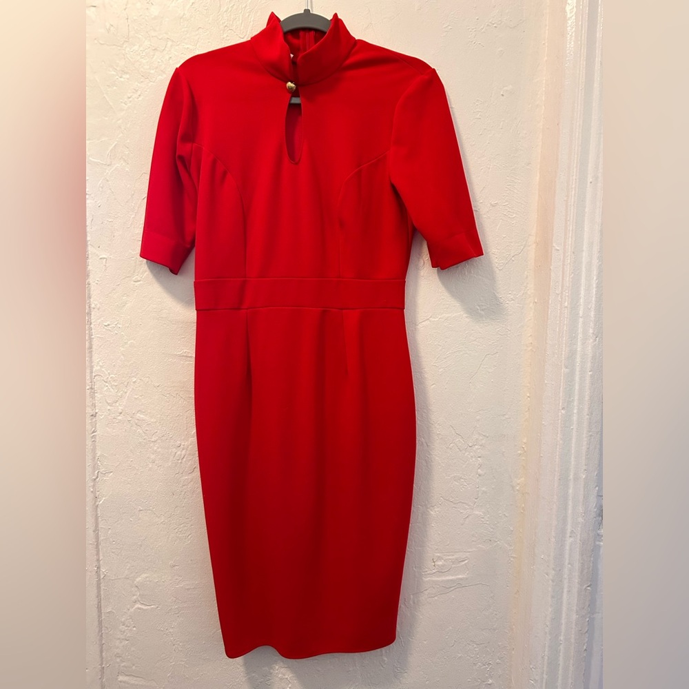 Red Mock-Neck Keyhole Midi Dress